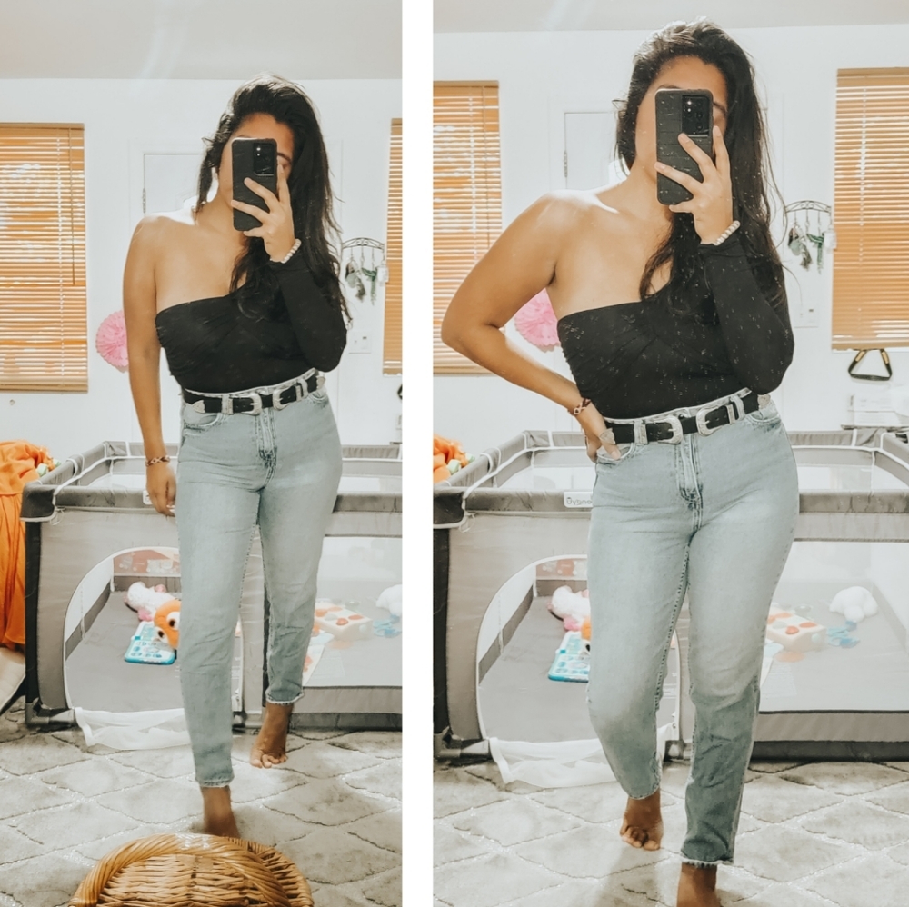 FOREVER 21 BLACK ONE SHOULDER BODYSUIT MEDIUM 8 10